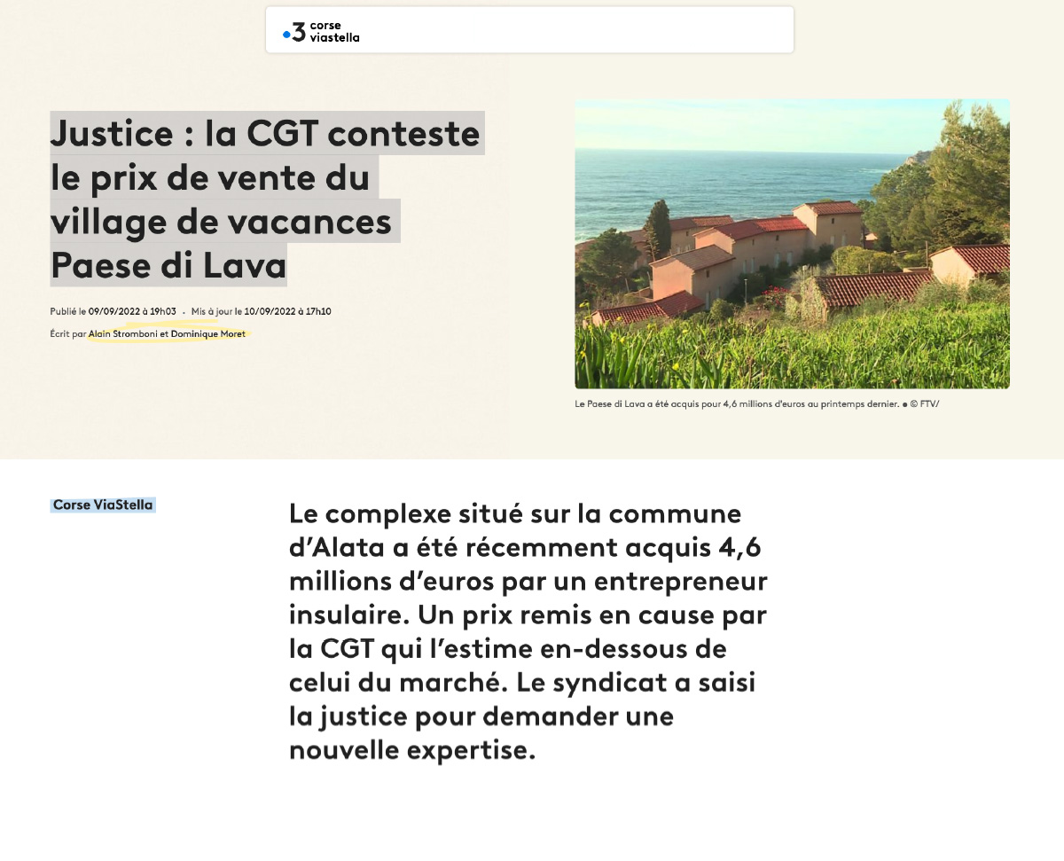 Gasbaoui Avocats - Justice : la CGT conteste le prix de vente du village de vacances Paese di Lava - France 3 Corse ViaStella