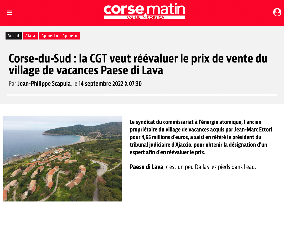Gasbaoui Avocats - Corse du Sud : la CGT veut réévaluer le prix de vente du village de vacances Paese di Lava